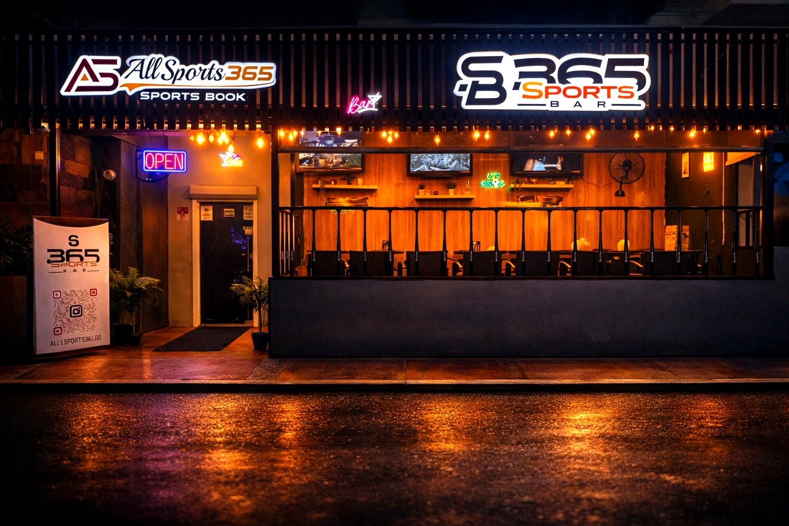 365 Sports Bar exterior glowing at night in Juan Dolio